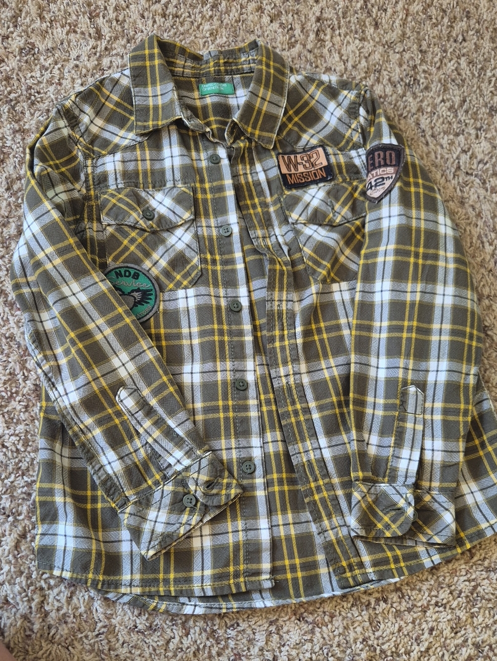 United Colors Of Benetton Olive and Yellow Plaid Button-Down Shirt